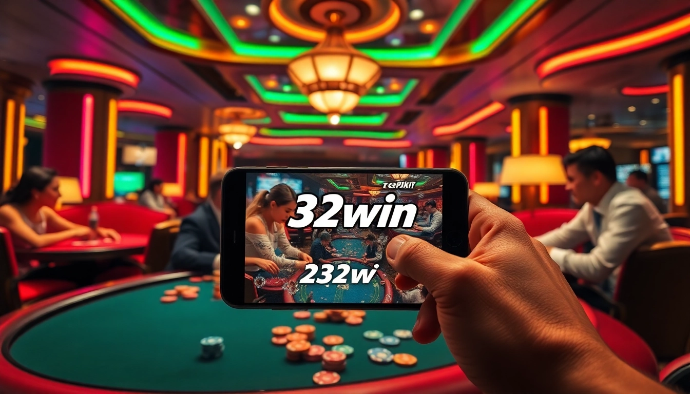 Excitement in the casino as players bet on poker while tải 32win app is featured on a smartphone.