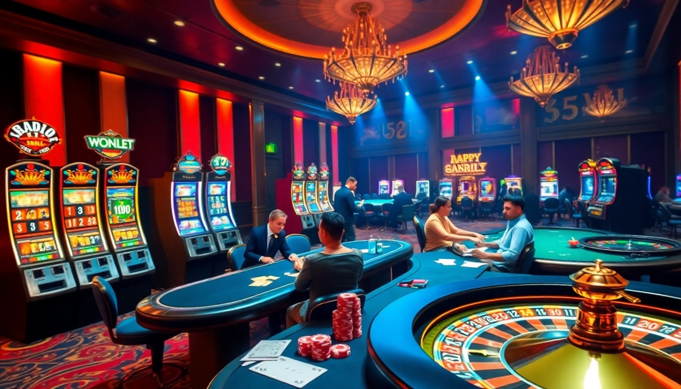 Exciting casino experience featuring players at win55win.live engaging with poker chips and vibrant slot machines.