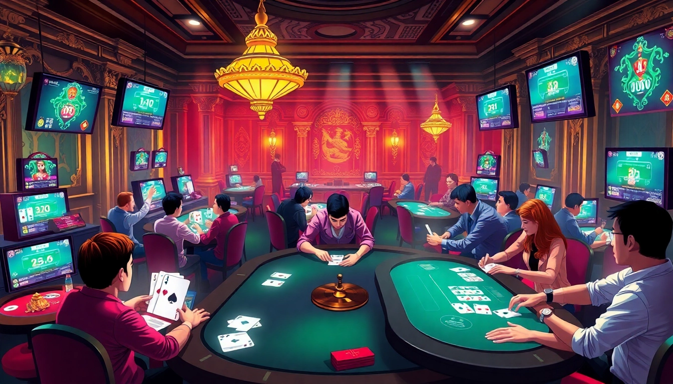 The exciting scene at topgamebaidoithuong.mx, showcasing players engaging in dynamic online card games with a vibrant atmosphere.