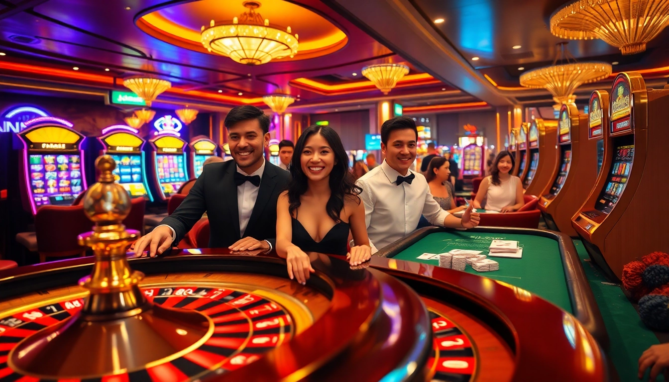Players enjoying thrilling games at nk88 casino, featuring poker tables and vibrant slot machines.