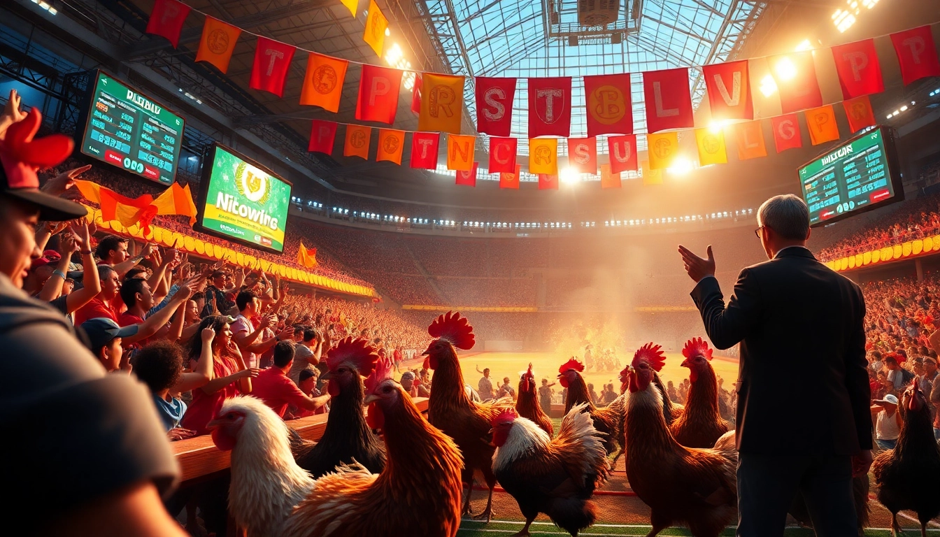 Live action at dagawin.live with vibrant chicken fights and an enthusiastic crowd.